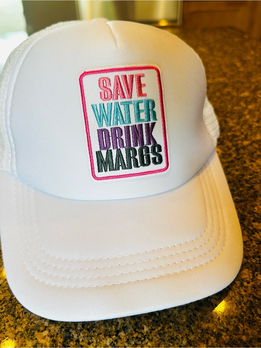 White Trucker Hat Save Water Drink Margs Embroidered Patch